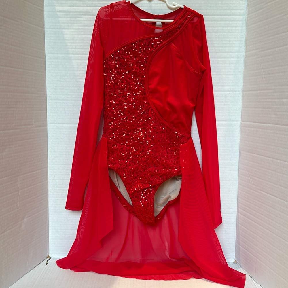 Dance Costume Girls Red Leotard Long Sleeves Sequin